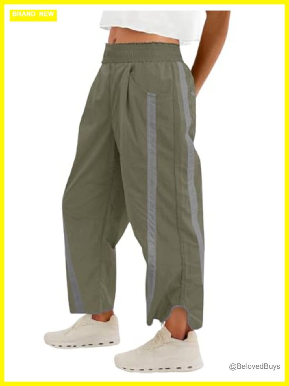 Womens Baggy Wide Leg Track Pants Elastic Waist Pockets Nylon Polyester